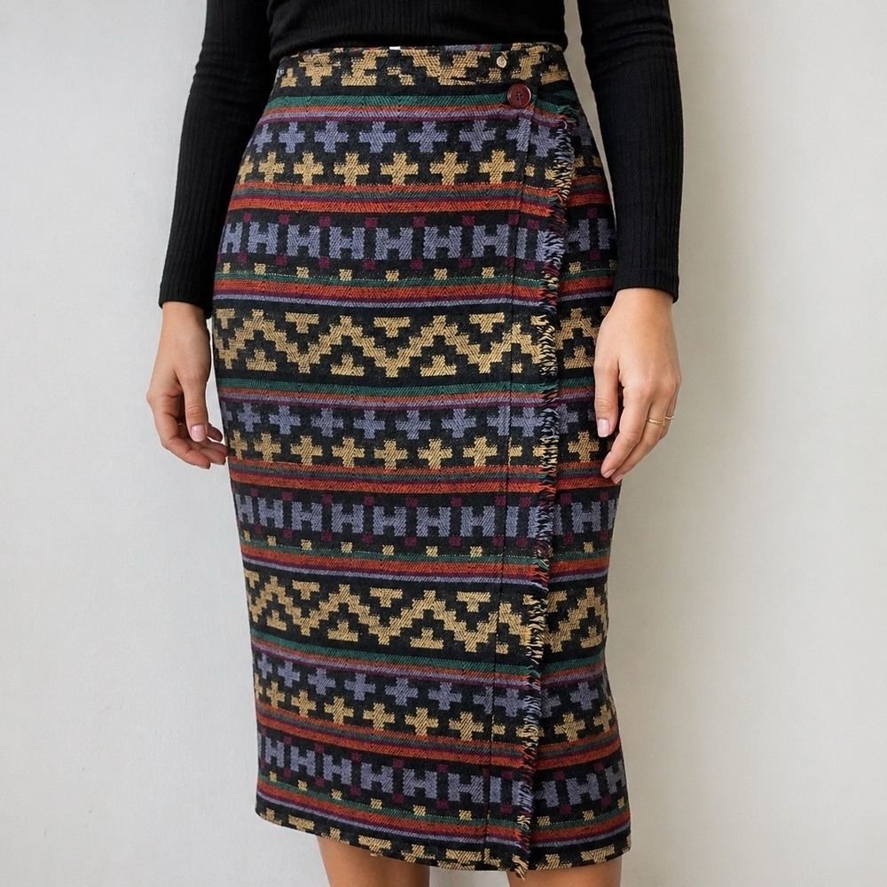 Vintage RTW Western Pencil Skirt Womens 6 Aztec Faux‎ Wrap Wool Blend Fringe